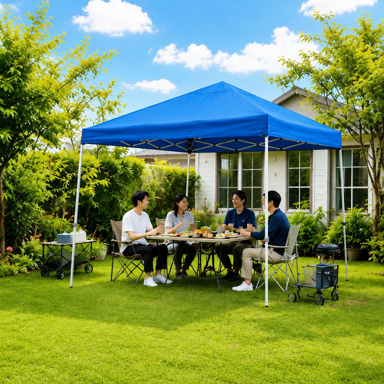 ファミリーでの庭BBQに最適な定番3m×3mサイズのワンタッチテント
