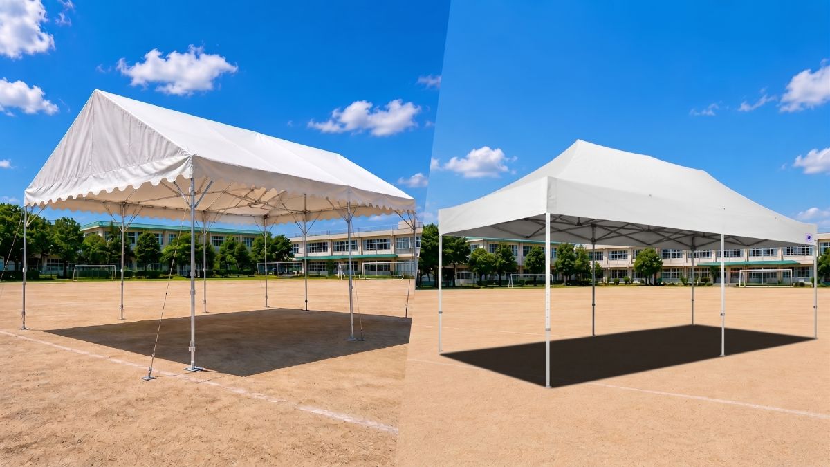 学校のグラウンドに設置されたパイプテントとイージーアップテント3×6mイメージ