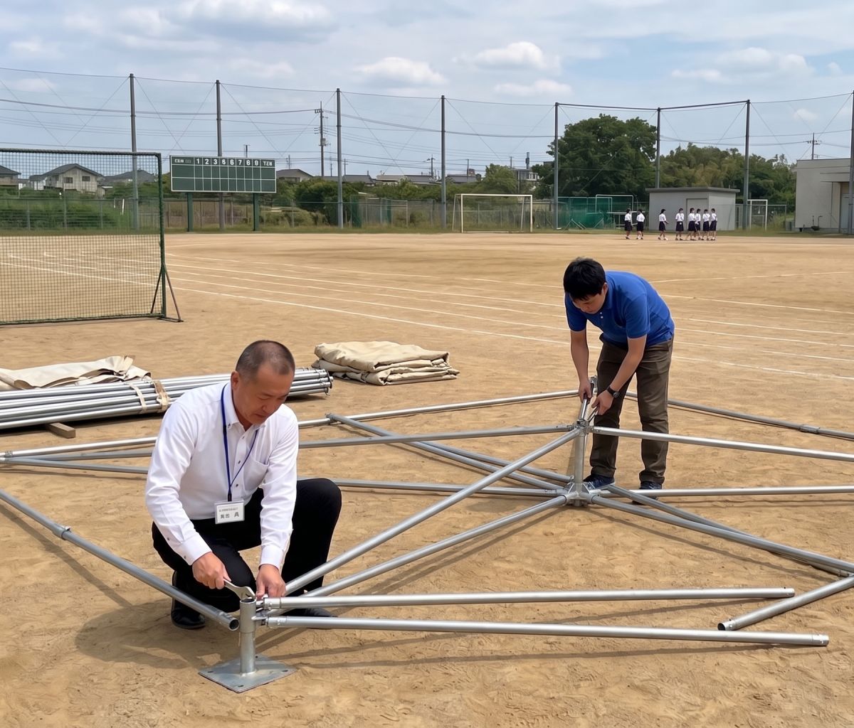 大量の重い鉄パイプフレームを解体している様子