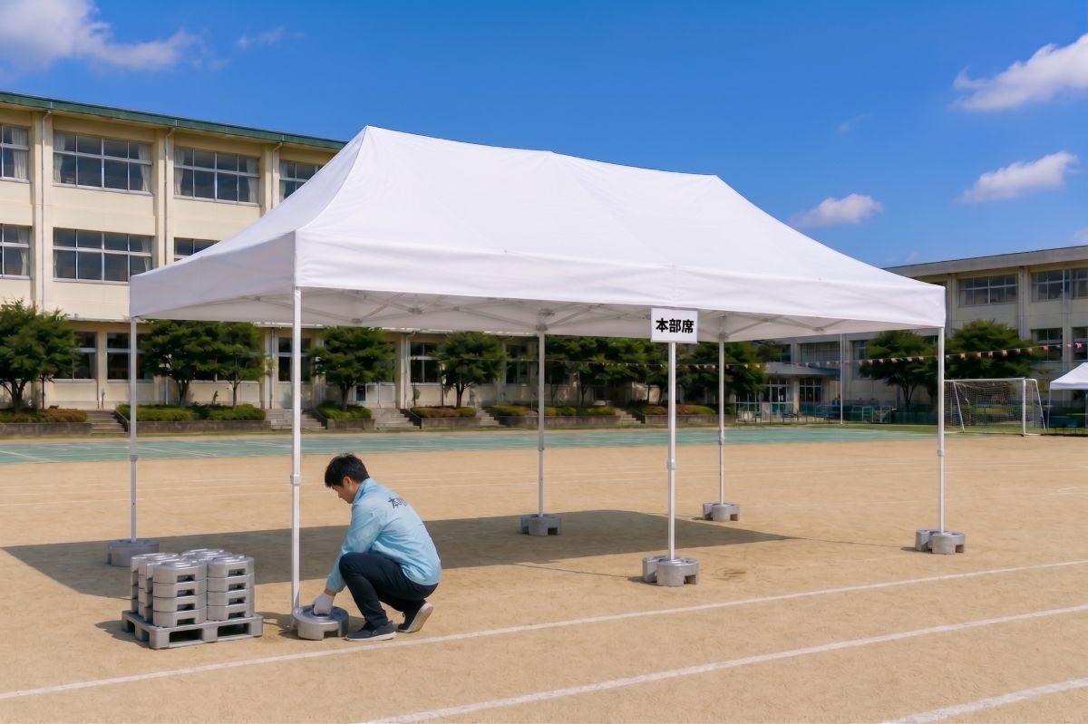 学校のグラウンドや運動会の本部席に設営された大型業務用ワンタッチテント